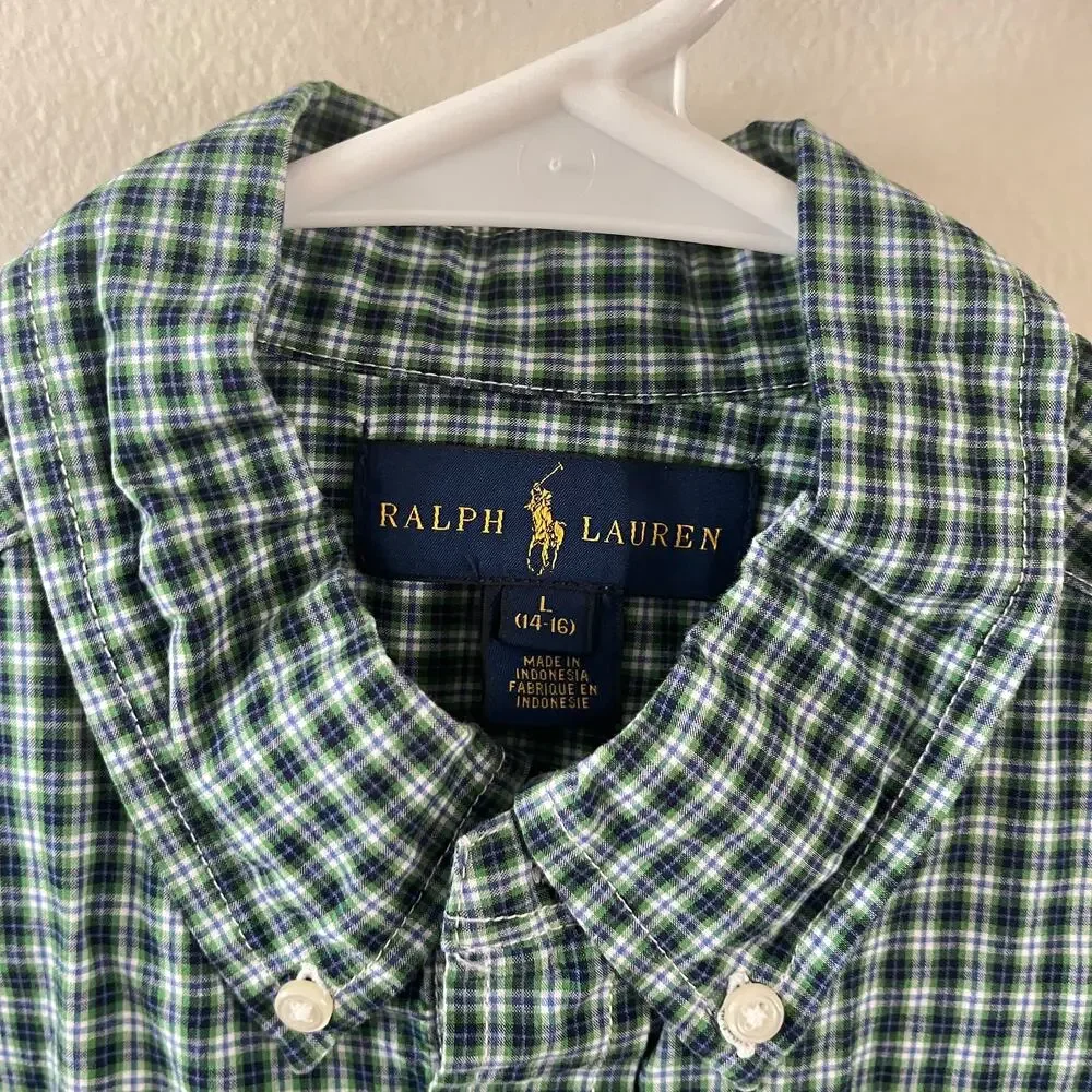 Ralph Lauren Boys Large 14/16 Green Blue Gingham Button Down Shirt Sleeve